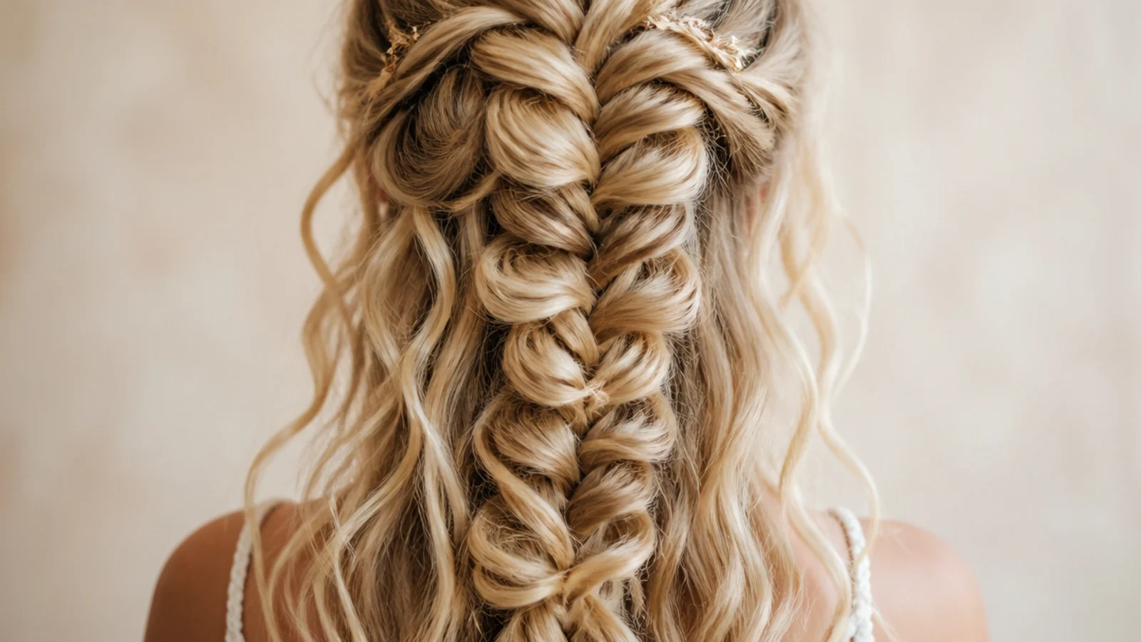 Half up boho mermaid braid at the crown with loose curls underneath and face framing pieces