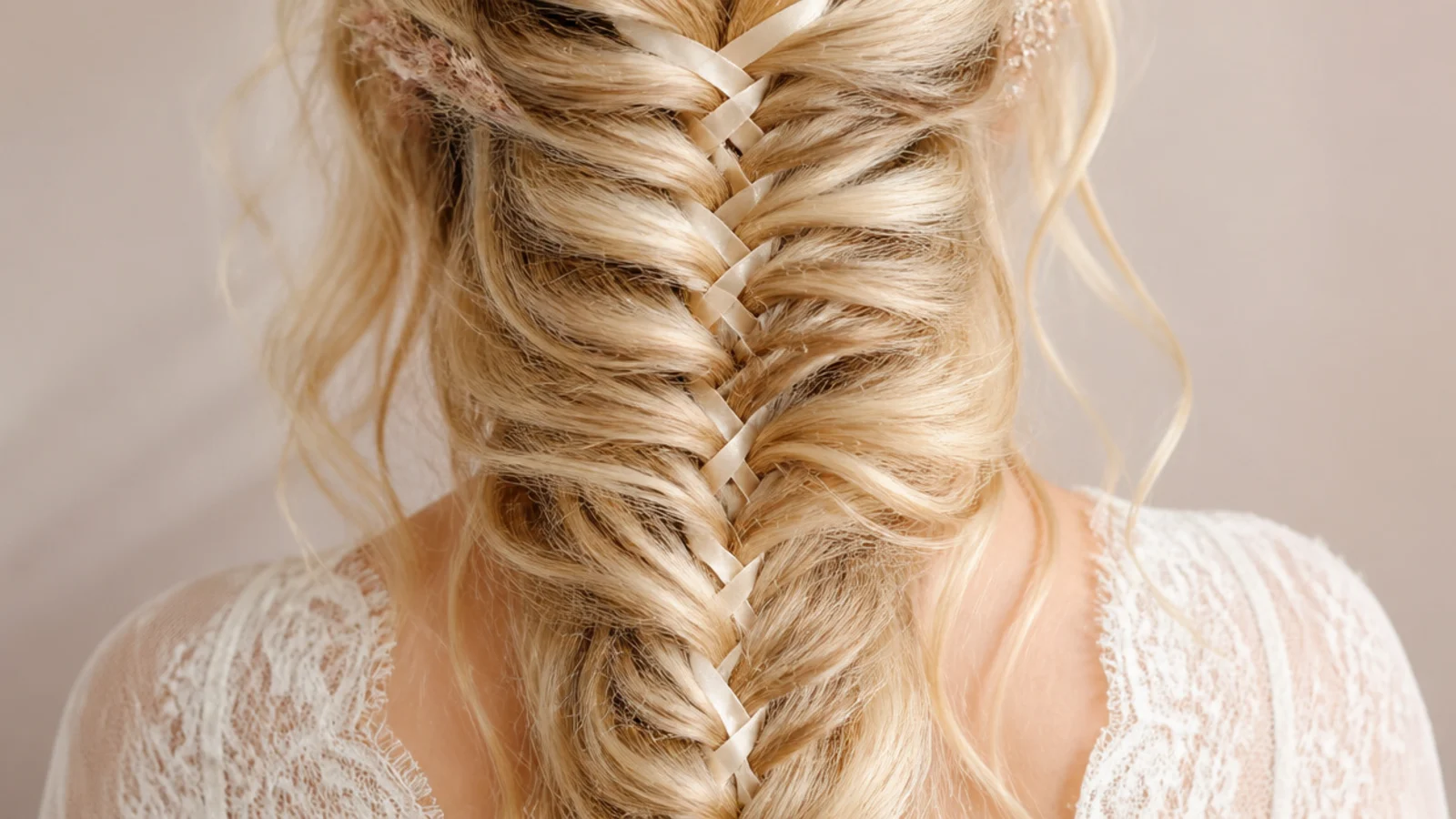 Boho mermaid braid with cream silk ribbon woven through the crossovers of a pancaked fishtail