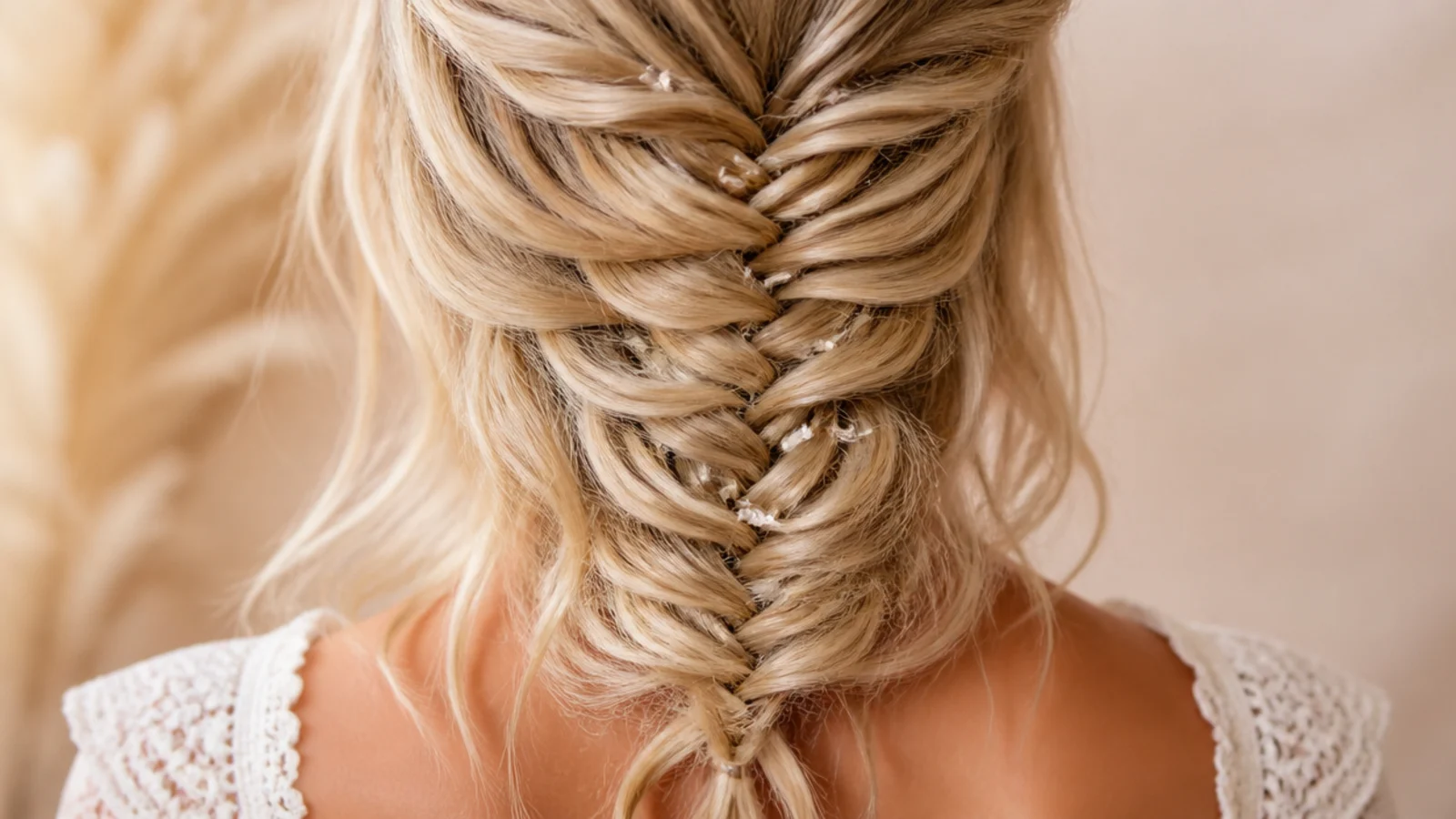 Boho mermaid braid on fine shoulder length blonde hair with texture spray for grip