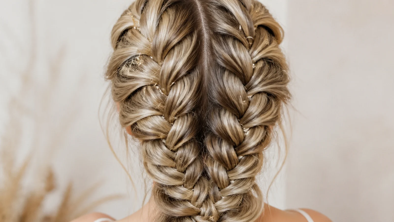 Double boho mermaid braids with a clean middle part pancaked wide on either side of the head