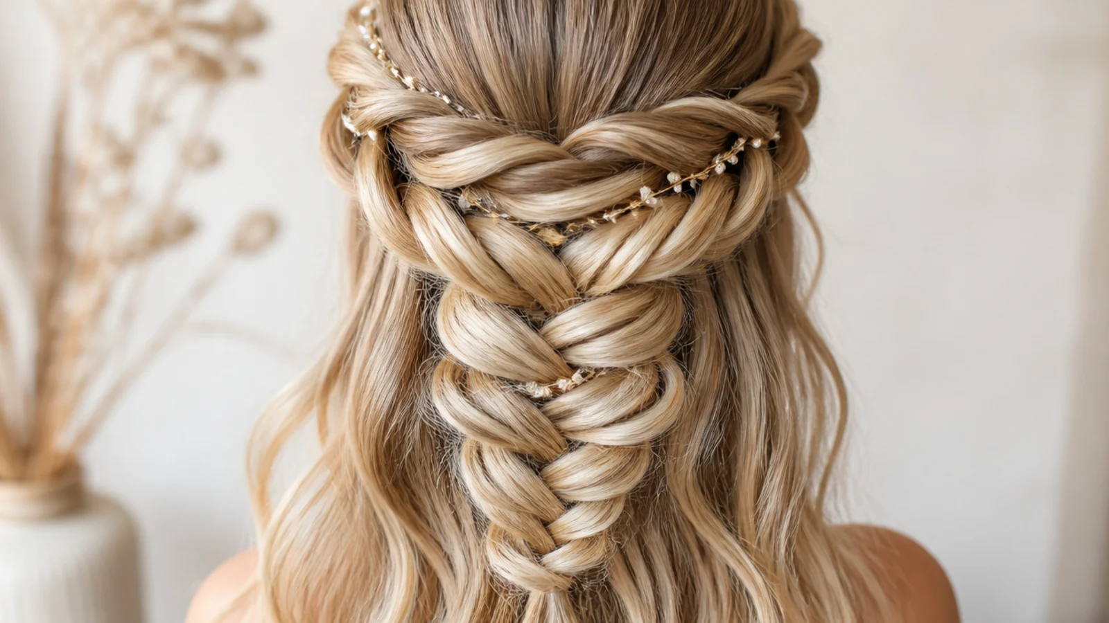 Boho mermaid braid crown wrapped around the hairline like a halo with loose waves beneath