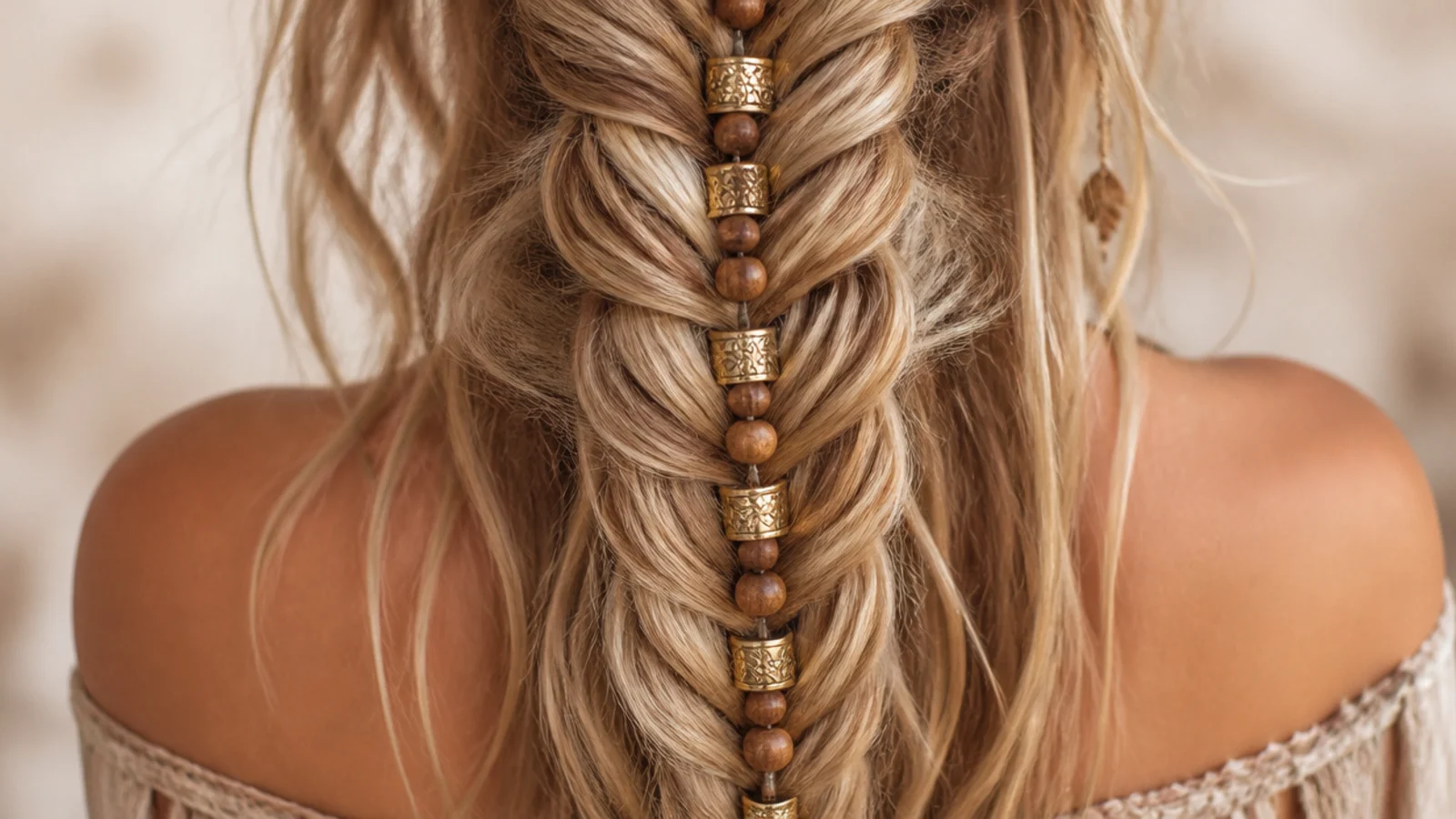Boho mermaid braid decorated with gold hair cuffs and wooden beads threaded along the length