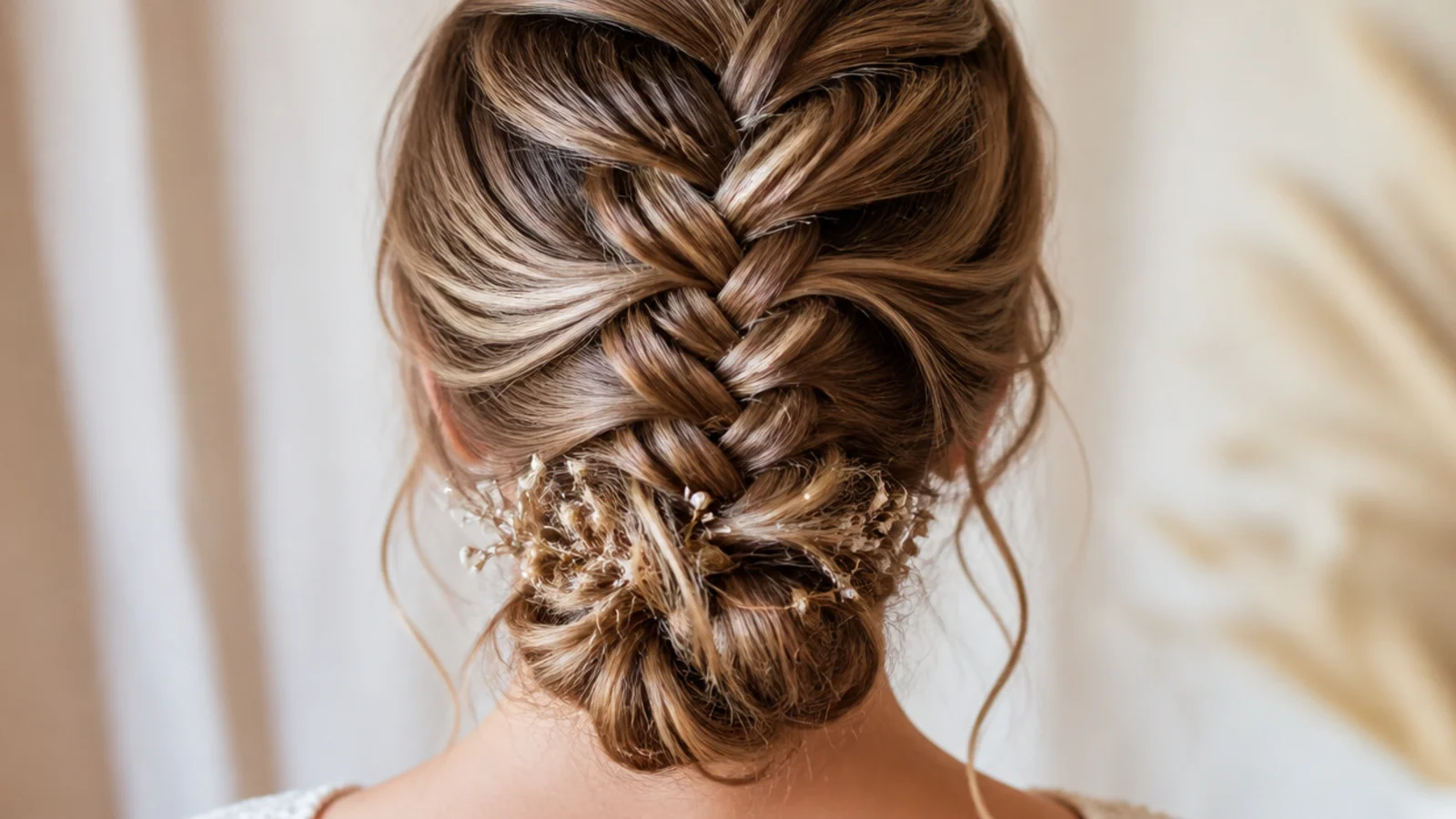 Low boho mermaid braid coiled into a loose bun at the nape with tendrils left out