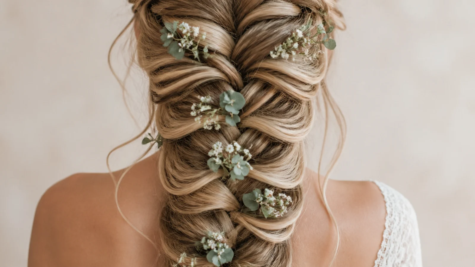 Bridal boho mermaid braid with dried baby's breath and eucalyptus tucked into the pancaked edges