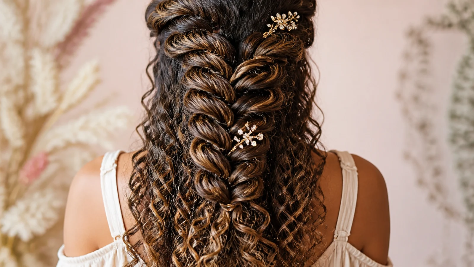 Boho mermaid braid on type 3B curly hair with defined curls left loose at the ends