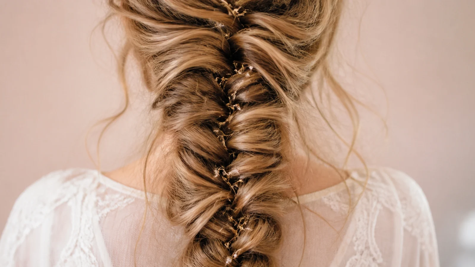 Messy boho mermaid braid on unwashed day two hair with deliberately pulled out pieces