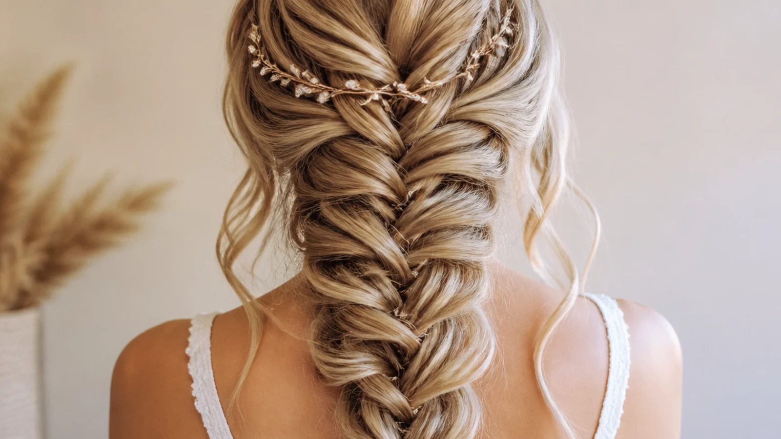 Boho mermaid braid with cheekbone length curtain bangs curled away from the face and left loose