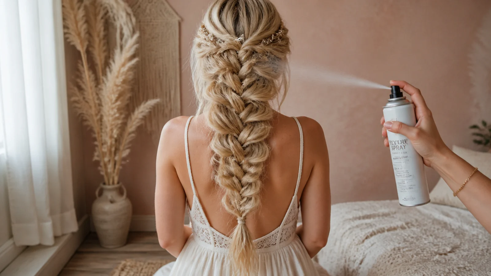 Texture spray applied to fine blonde hair before braiding a boho mermaid braid for grip