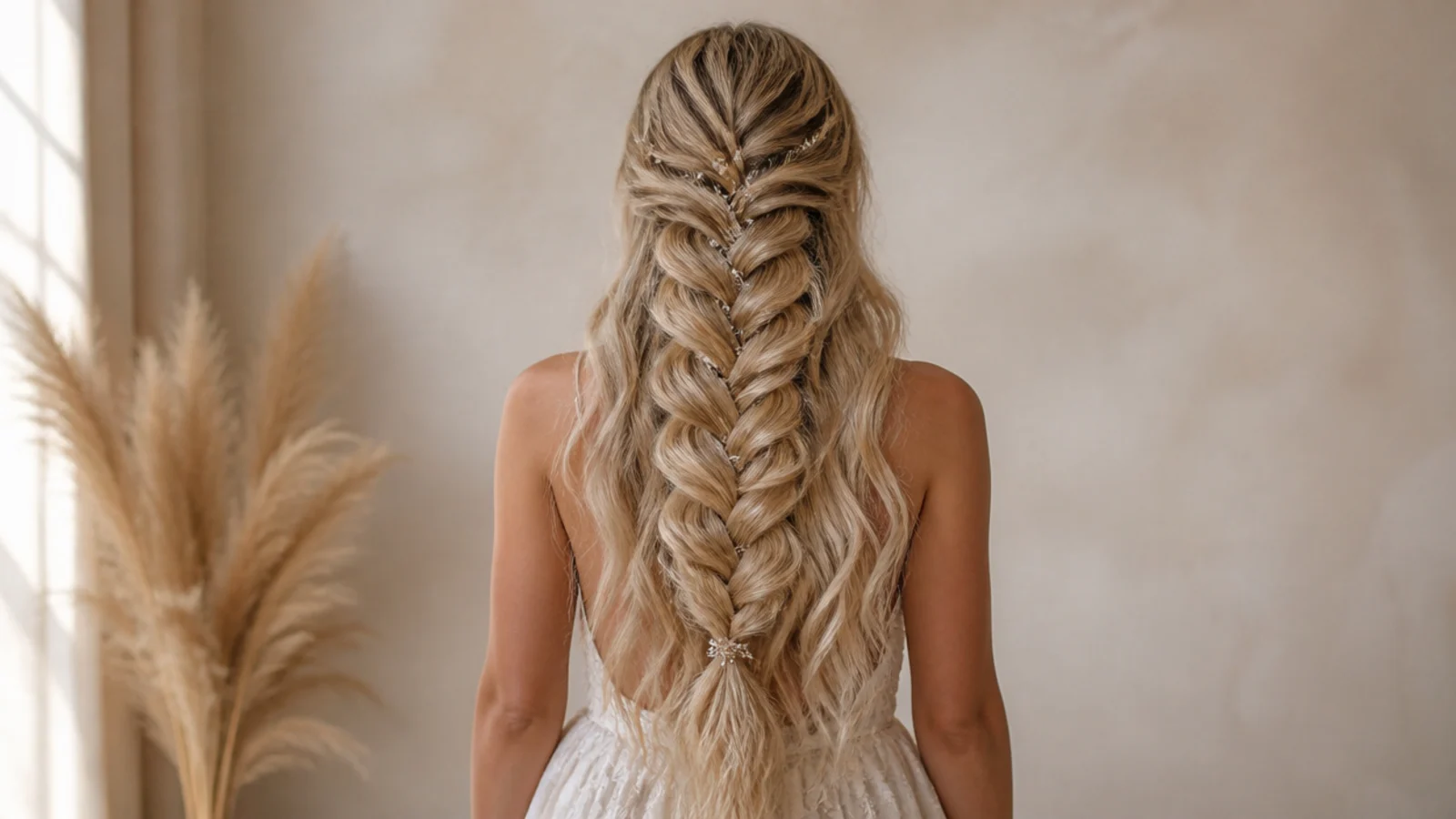 Boho mermaid braid pancaked wide down the back on waist length wavy blonde hair