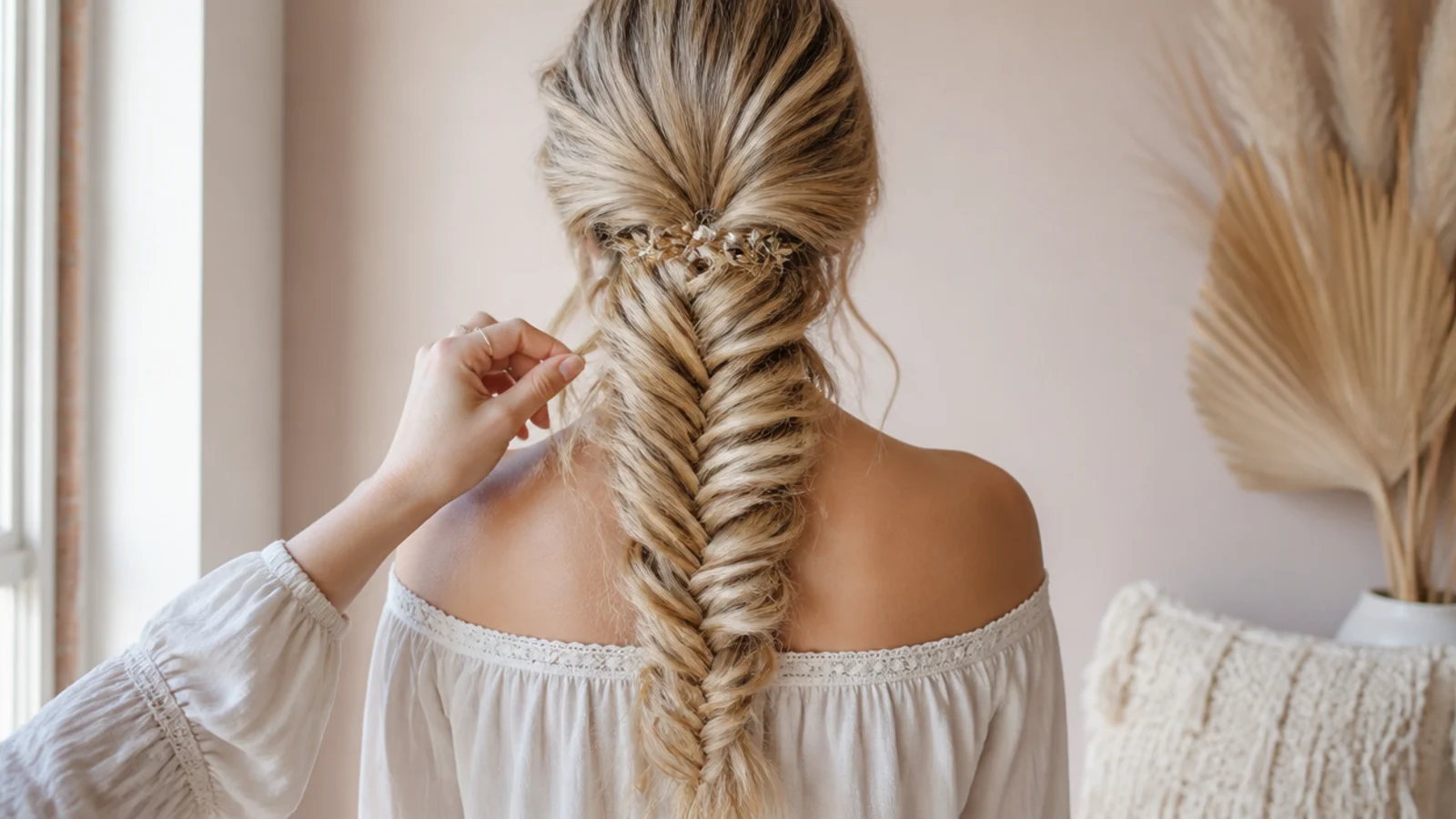 Fingers tugging the outer edge of a fishtail crossover to pancake a boho mermaid braid wider