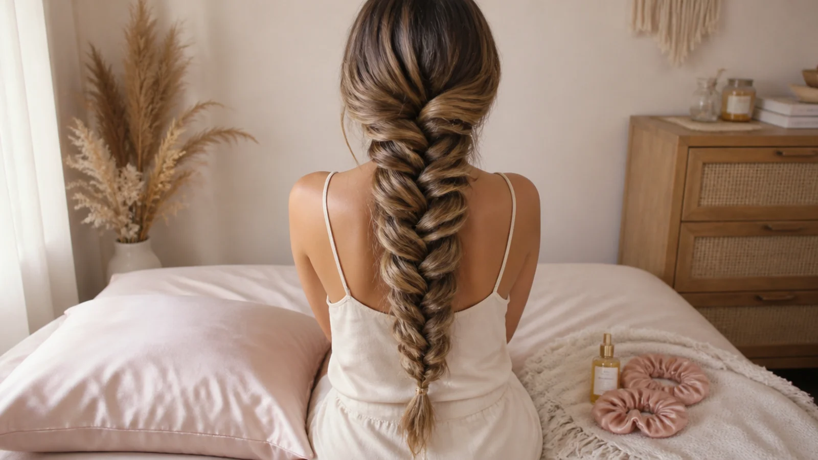 Loosely braided boho mermaid braid on a satin pillowcase overnight for next day mermaid waves