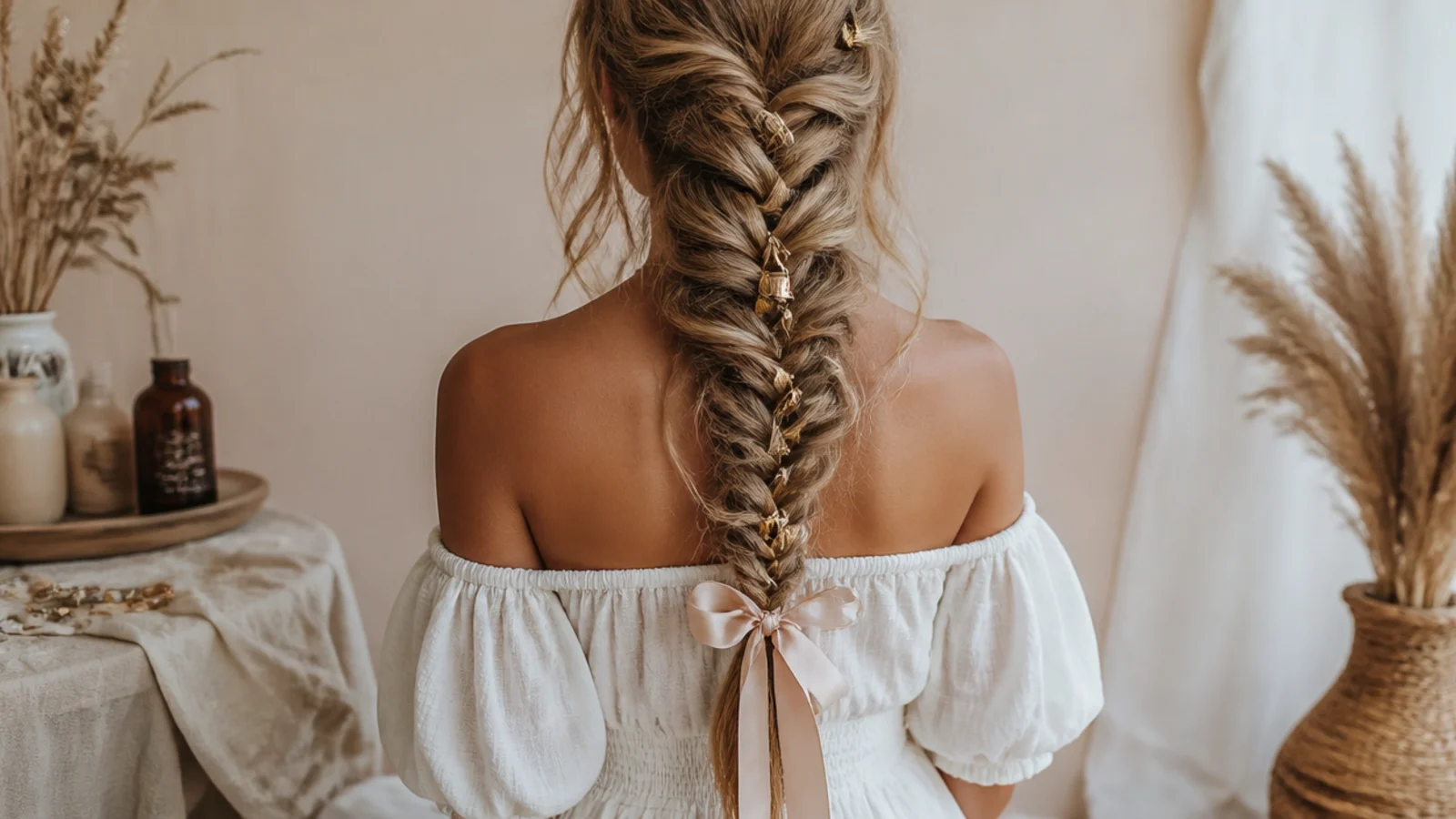 Boho mermaid braid finished with gold cuffs, a ribbon and loose face framing waves