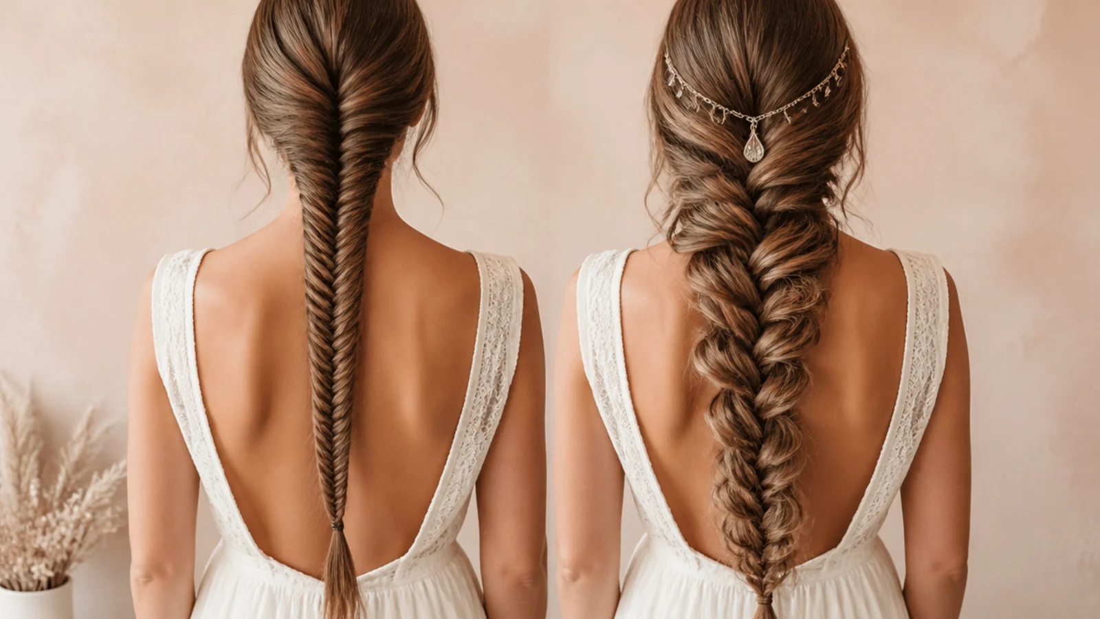 Side by side of a tight fishtail braid and a boho mermaid braid pancaked wide to fan out