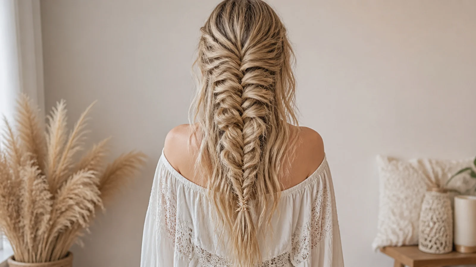 Easy mermaid braid on day-two wavy hair pancaked wide so it fans out like a fish tail