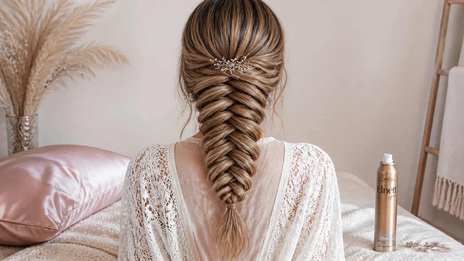 Mermaid braid pinned and sprayed for all day hold with a satin pillowcase for overnight wear