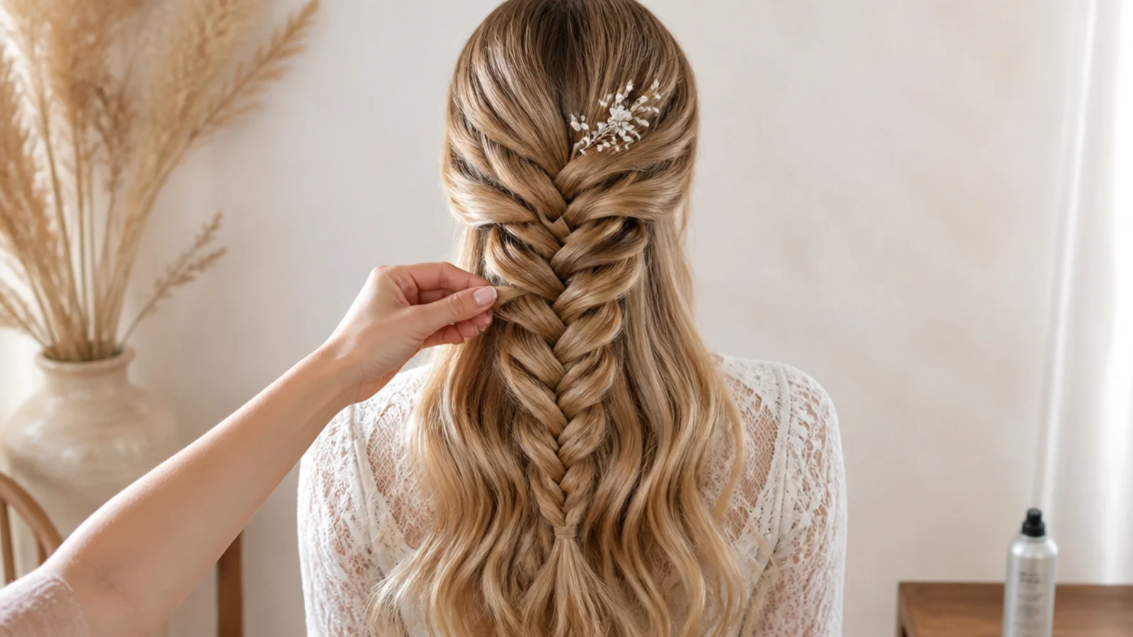 Fingers pancaking the outer edge of a mermaid braid crossover a few millimeters at a time