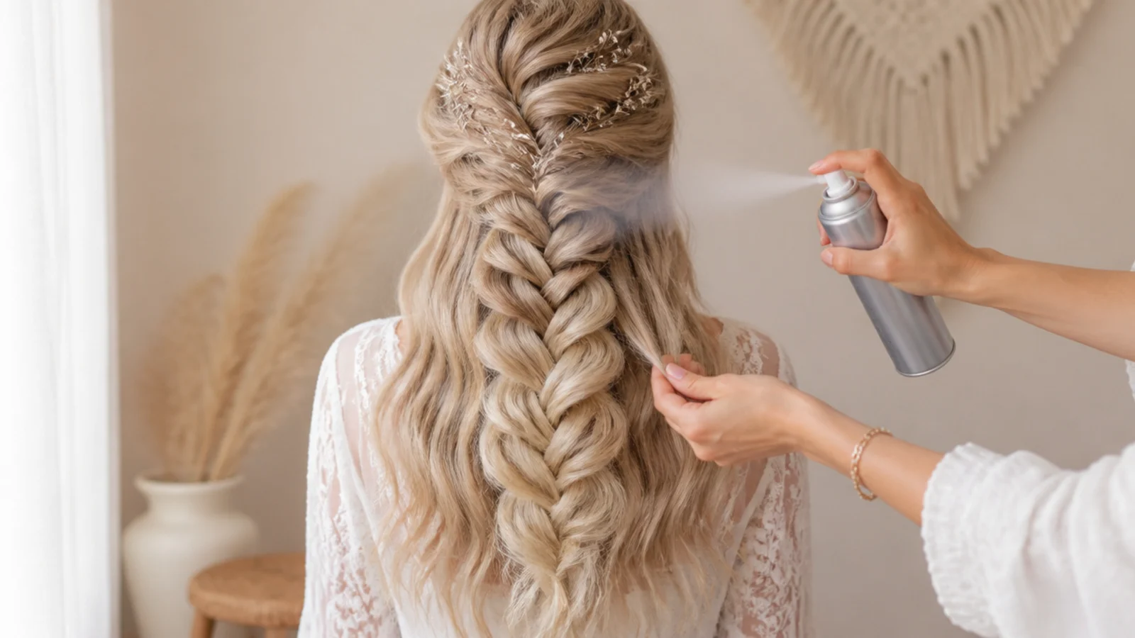 Texture spray being misted through the mid-lengths of hair before an easy mermaid braid