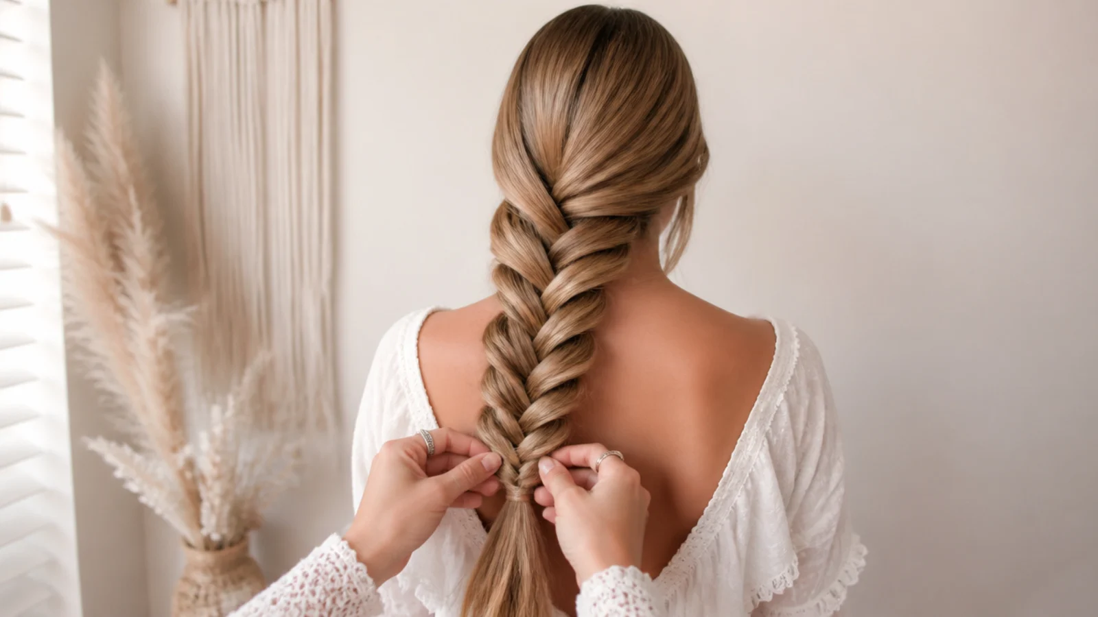 Hair brushed smooth and swept over one shoulder ready for an easy side mermaid braid