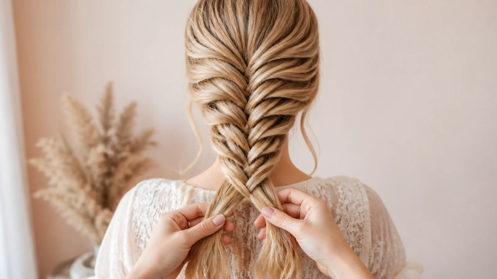 Hair divided into two equal sections in the hand at the start of an easy mermaid braid
