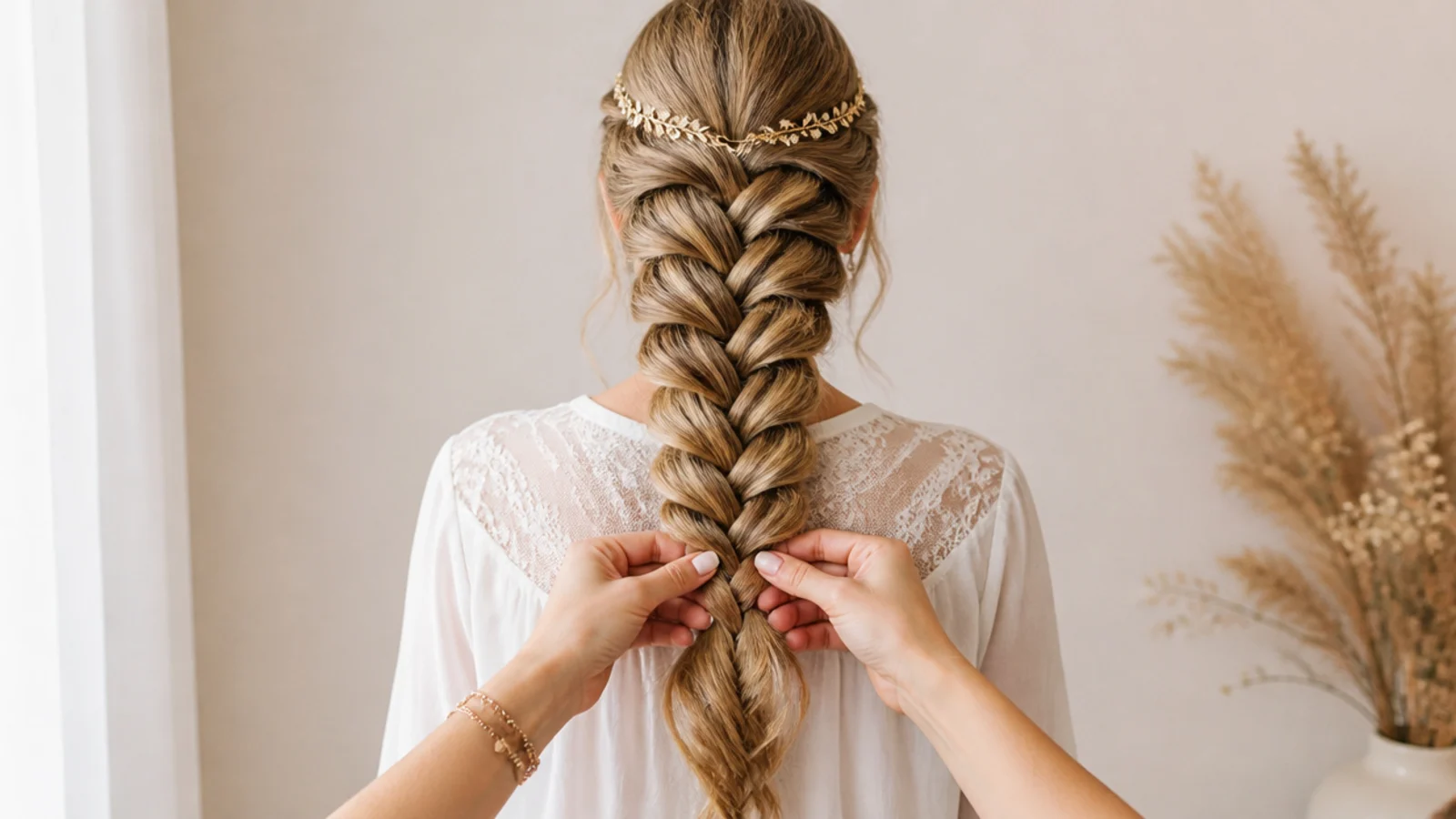 Even tension held on both sections while braiding an easy mermaid braid down the back