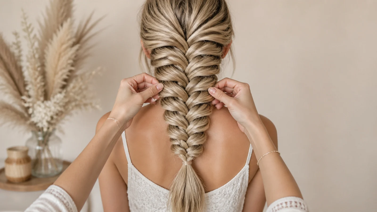 A clear elastic tied at the end of a mermaid braid so the tail looks continuous in photos