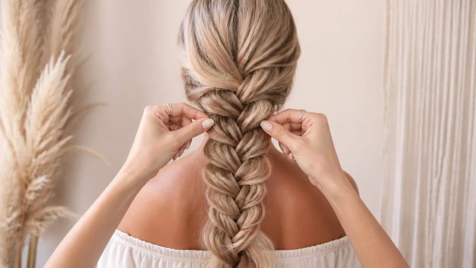 Fingers tugging the outer edge of each crossover to pancake a mermaid braid wider