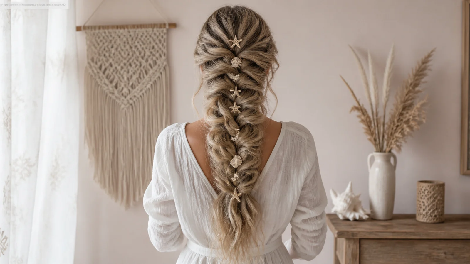 Mermaid braid finished with loose waves, small shell pins and face framing tendrils