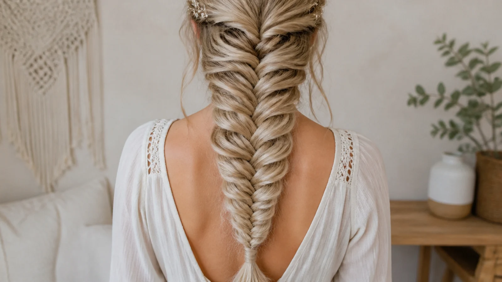 Close up of a mermaid braid showing the V shaped fishtail crossovers pancaked out wide