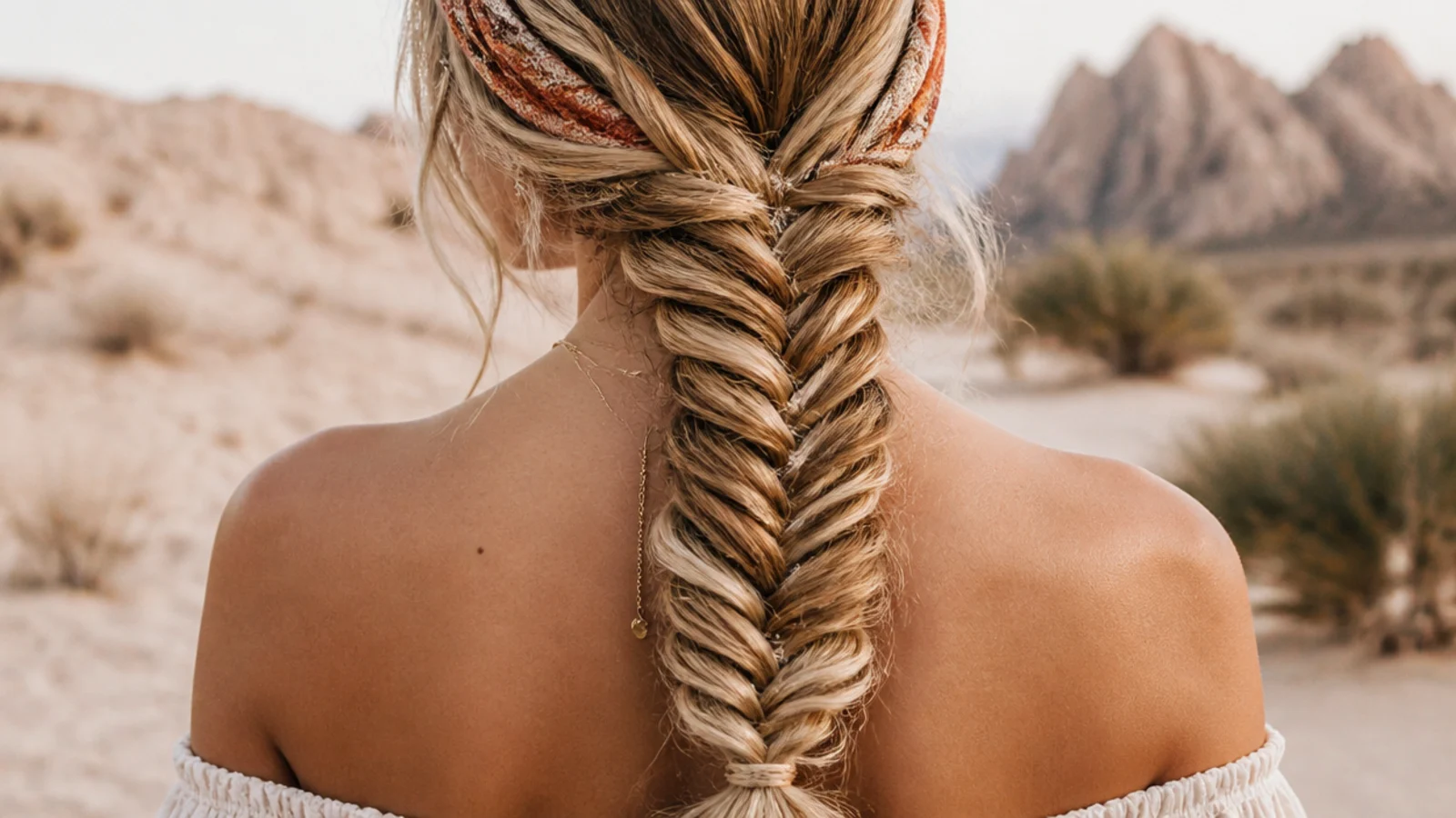 Side festival mermaid braid worn over one shoulder with a folded bandana headband in the desert