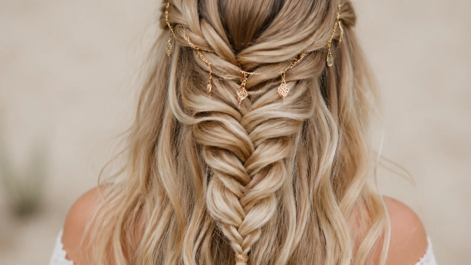 Half up festival mermaid braid with loose beach waves left down for an afternoon festival set