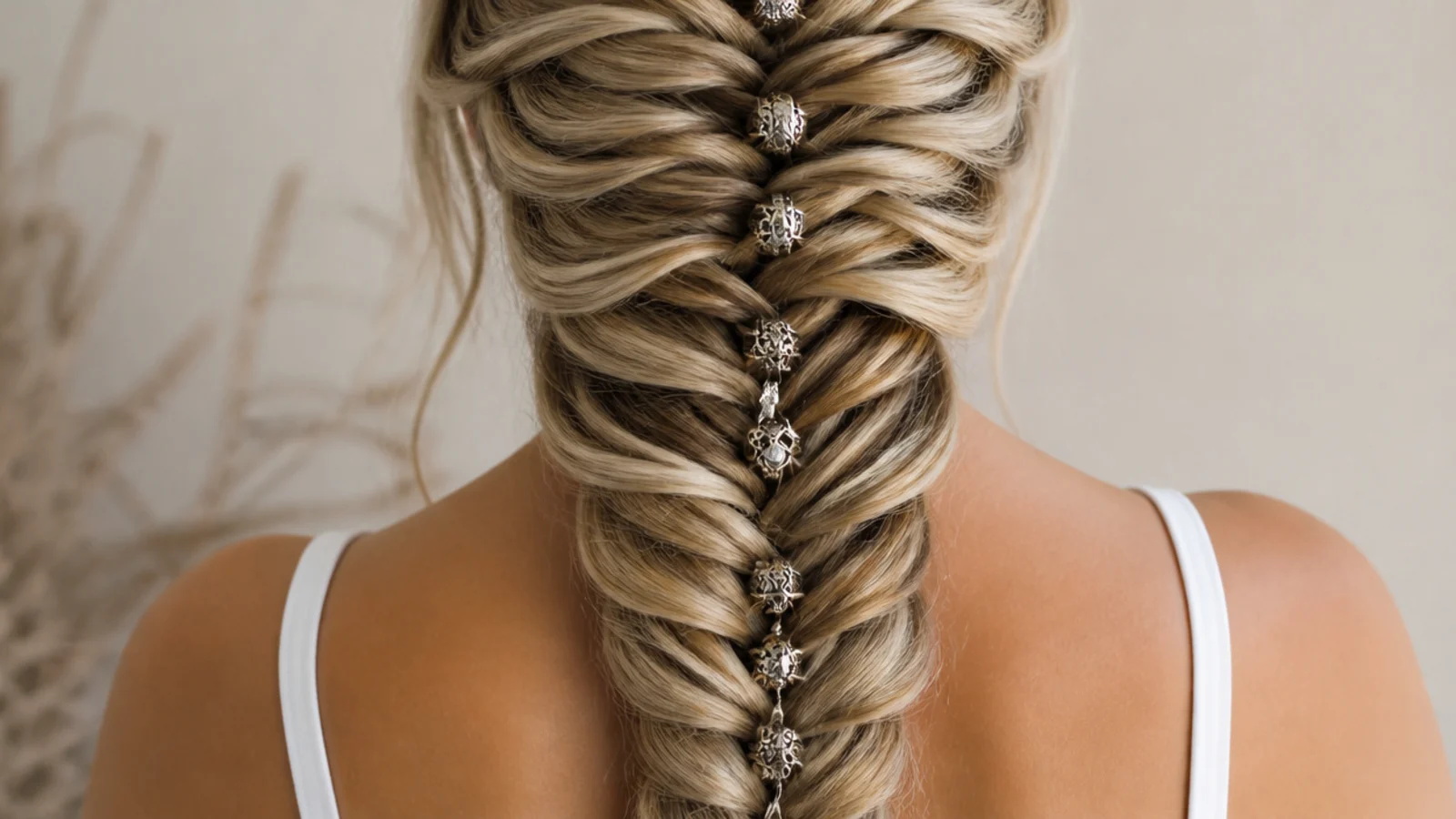 Festival mermaid braid threaded with silver hair cuffs scattered unevenly down the braid