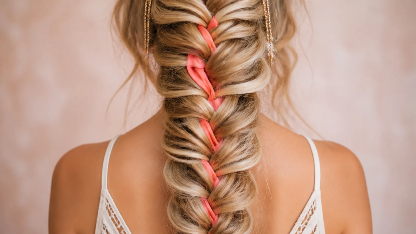 Festival mermaid braid with a coral silk ribbon woven through the fishtail crossovers