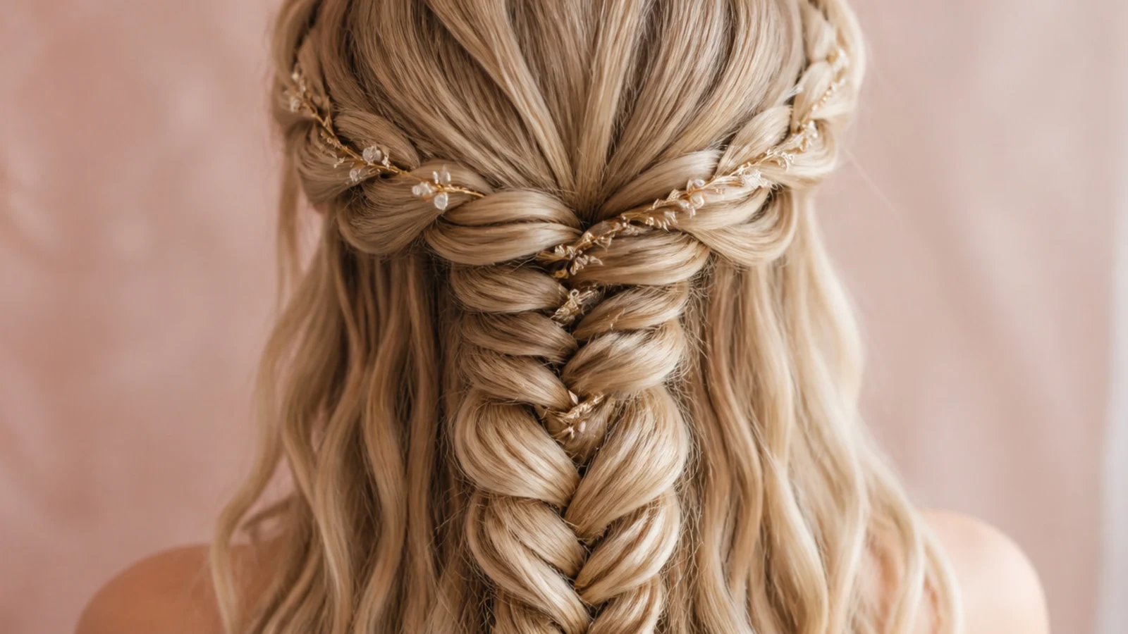 Festival mermaid braid crown wrapped around the head on waist length hair for a hot day