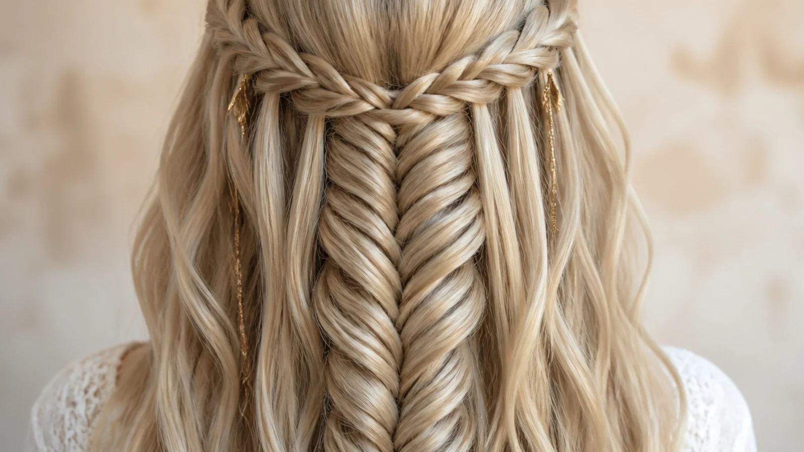 Waterfall festival mermaid braid with dropped strands collected into a pancaked fishtail at the back