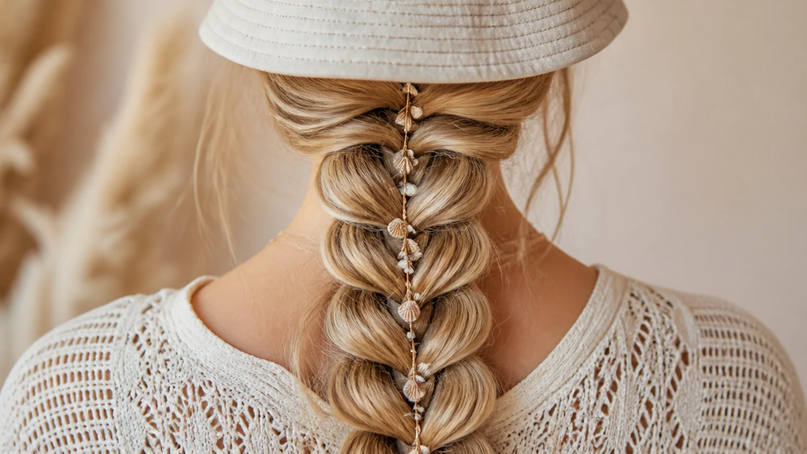 Low festival mermaid braid starting at the nape worn under a bucket hat with no crown volume