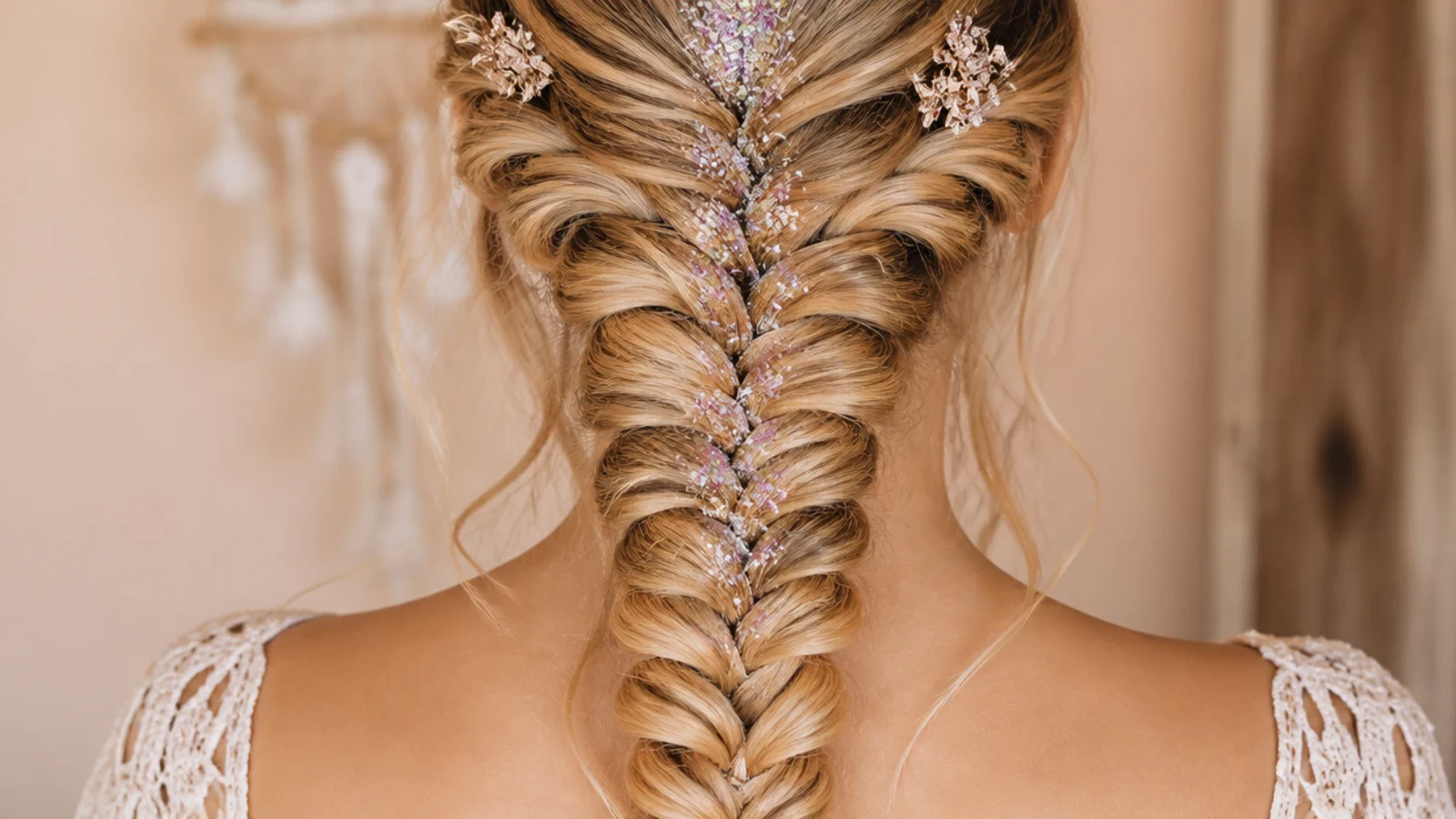 Festival mermaid braid with biodegradable glitter gel along the part and loose face framing pieces