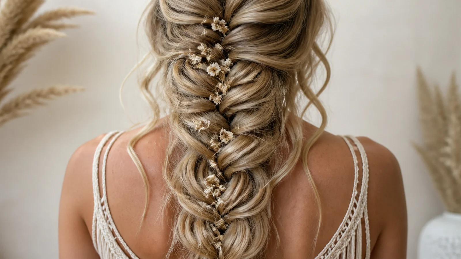 Boho festival mermaid braid with small dried flowers tucked into the pancaked pockets of the braid