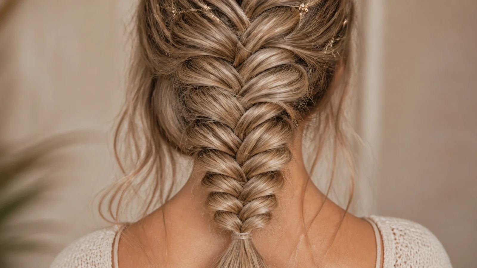 High festival mermaid braid ponytail secured with a clear elastic for a crowded music set