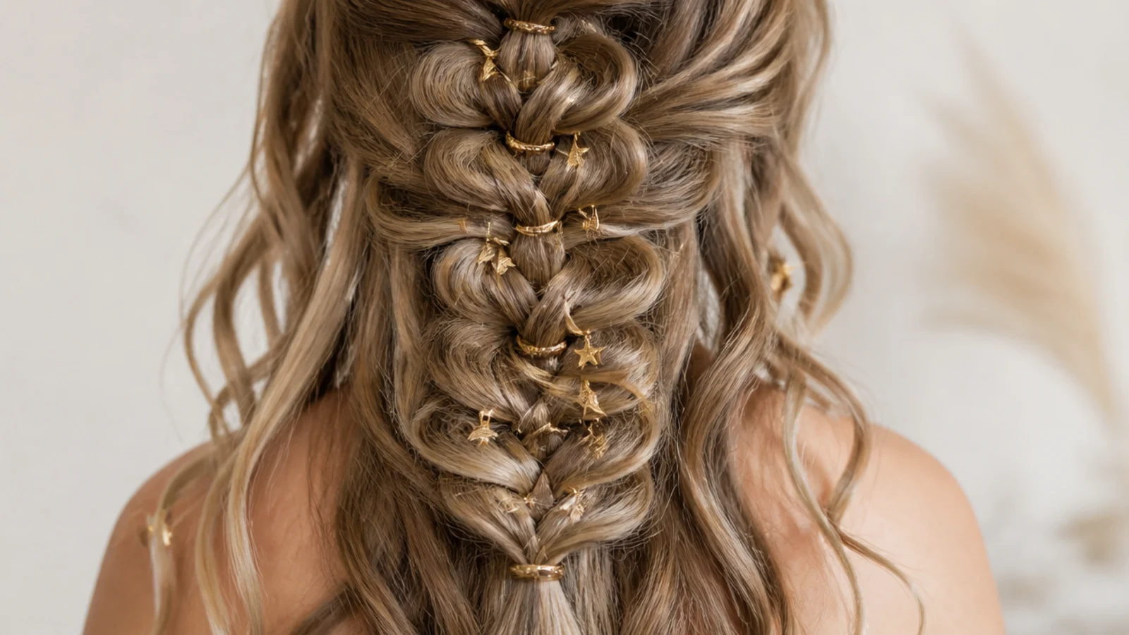 Festival mermaid braid with small star charms and gold hair rings threaded through random strands