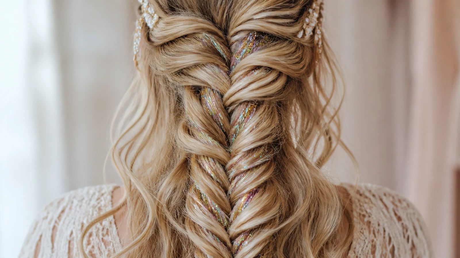 Festival mermaid braid with iridescent hair tinsel strands catching stage light at a night set