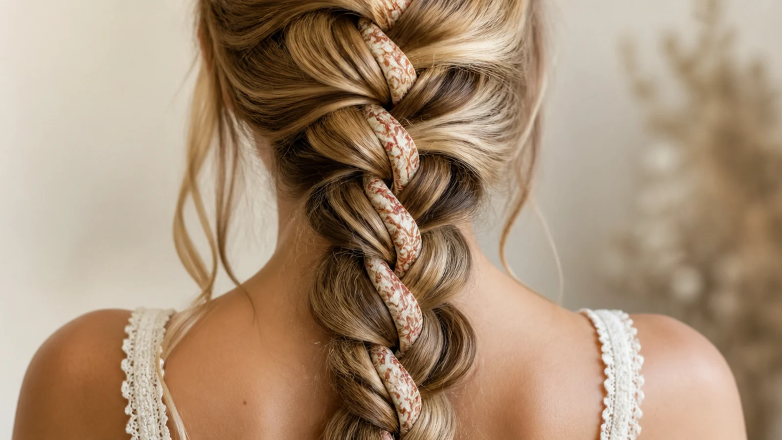 Festival mermaid braid wrapped with a narrow silk scarf spiraling down the length of the braid