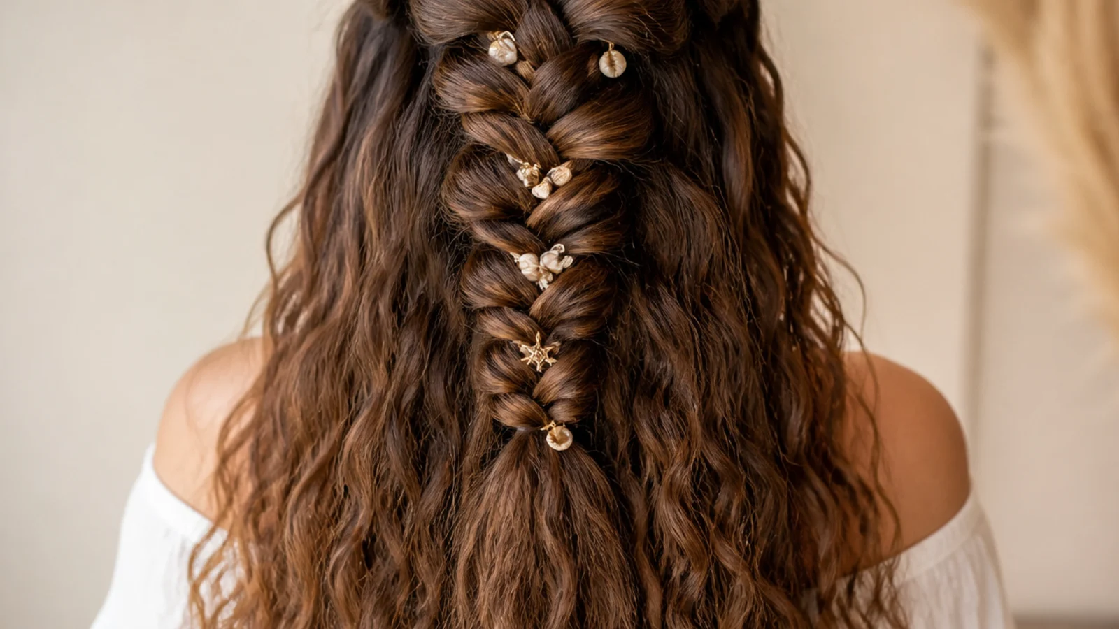 Chunky festival mermaid braid on stretched curly hair with the last few inches left unbraided