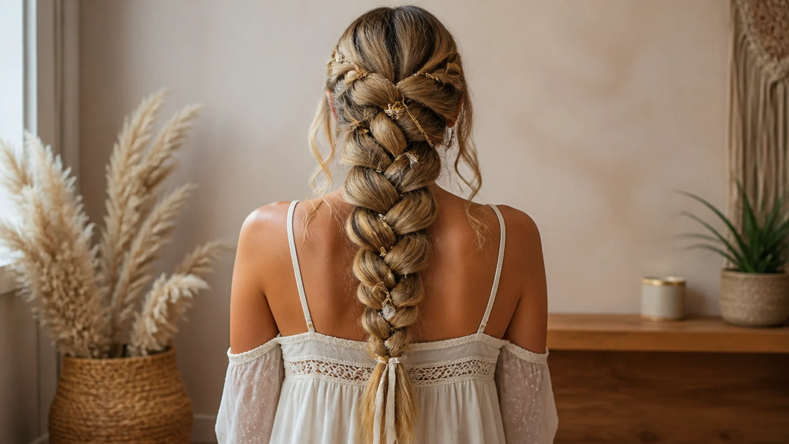 Festival mermaid braid finished with gold cuffs, ribbon, charms and loose face framing waves