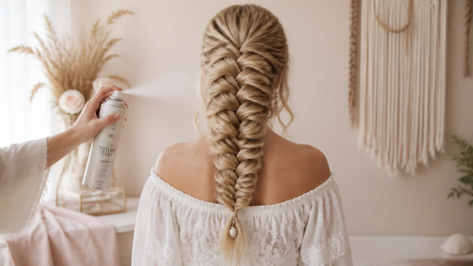Texture spray applied to fine blonde hair before braiding a festival mermaid braid for grip