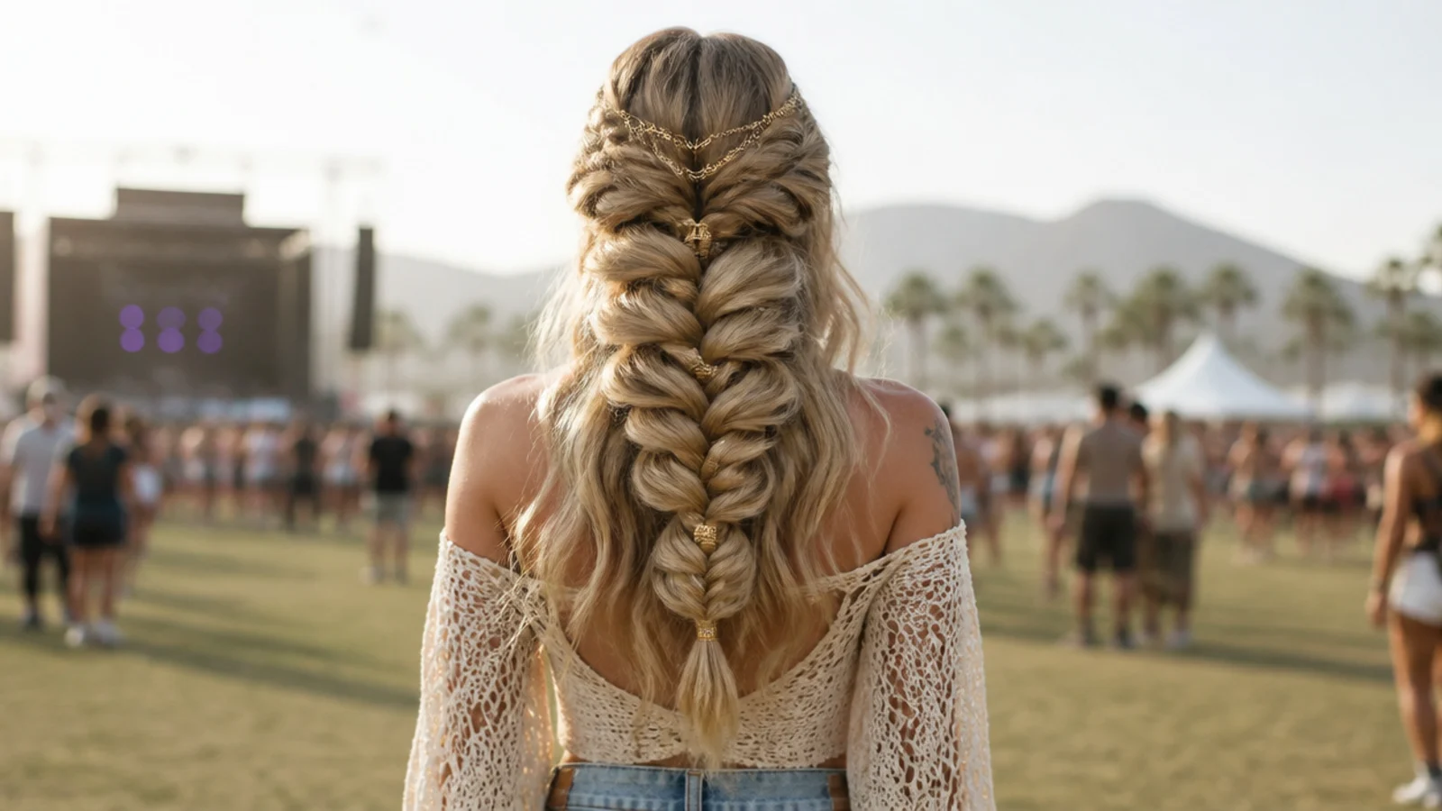 Festival mermaid braid pancaked wide with gold cuffs and loose waves at an outdoor music festival