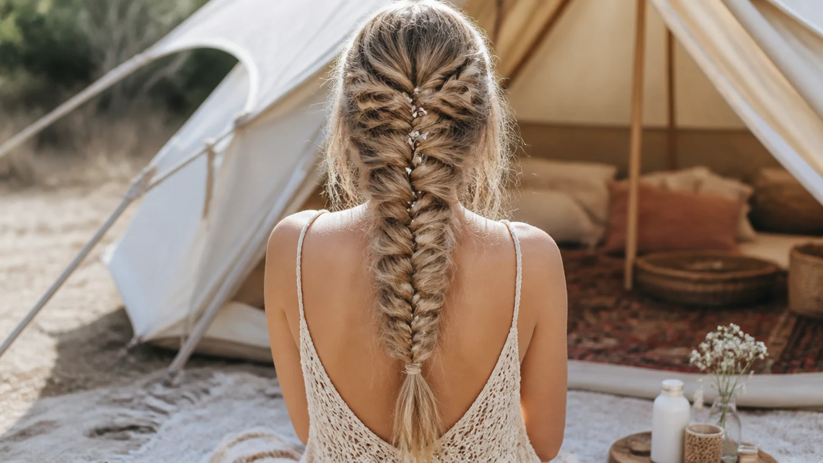 Loosely re-braided festival mermaid braid at a campsite for day two and day three wear
