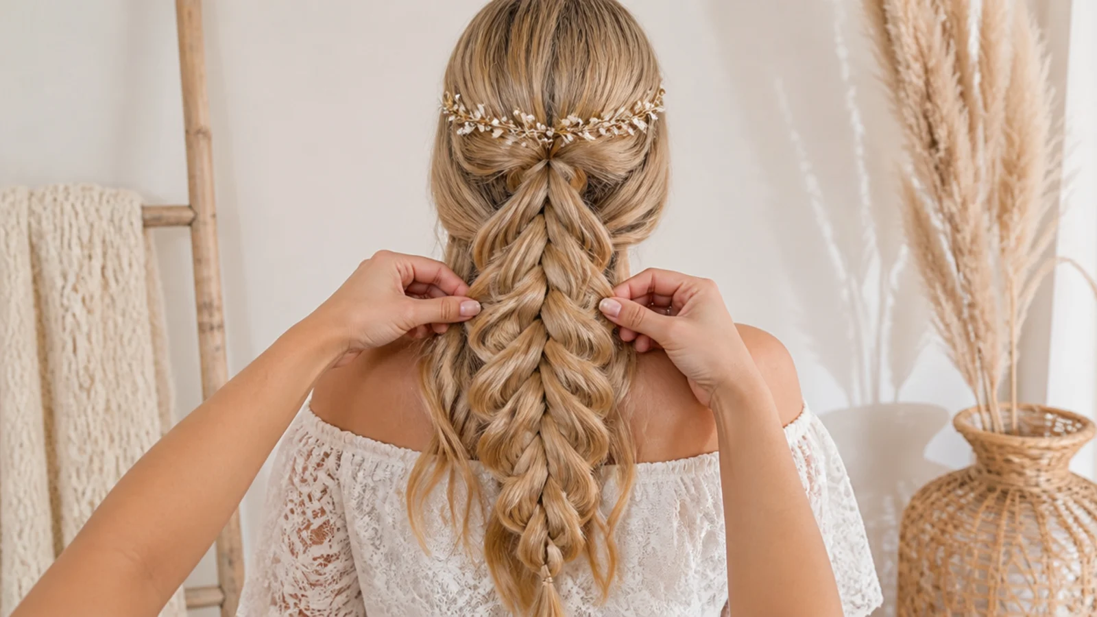Hands pancaking a festival mermaid braid by tugging the outer edge of each crossover wider