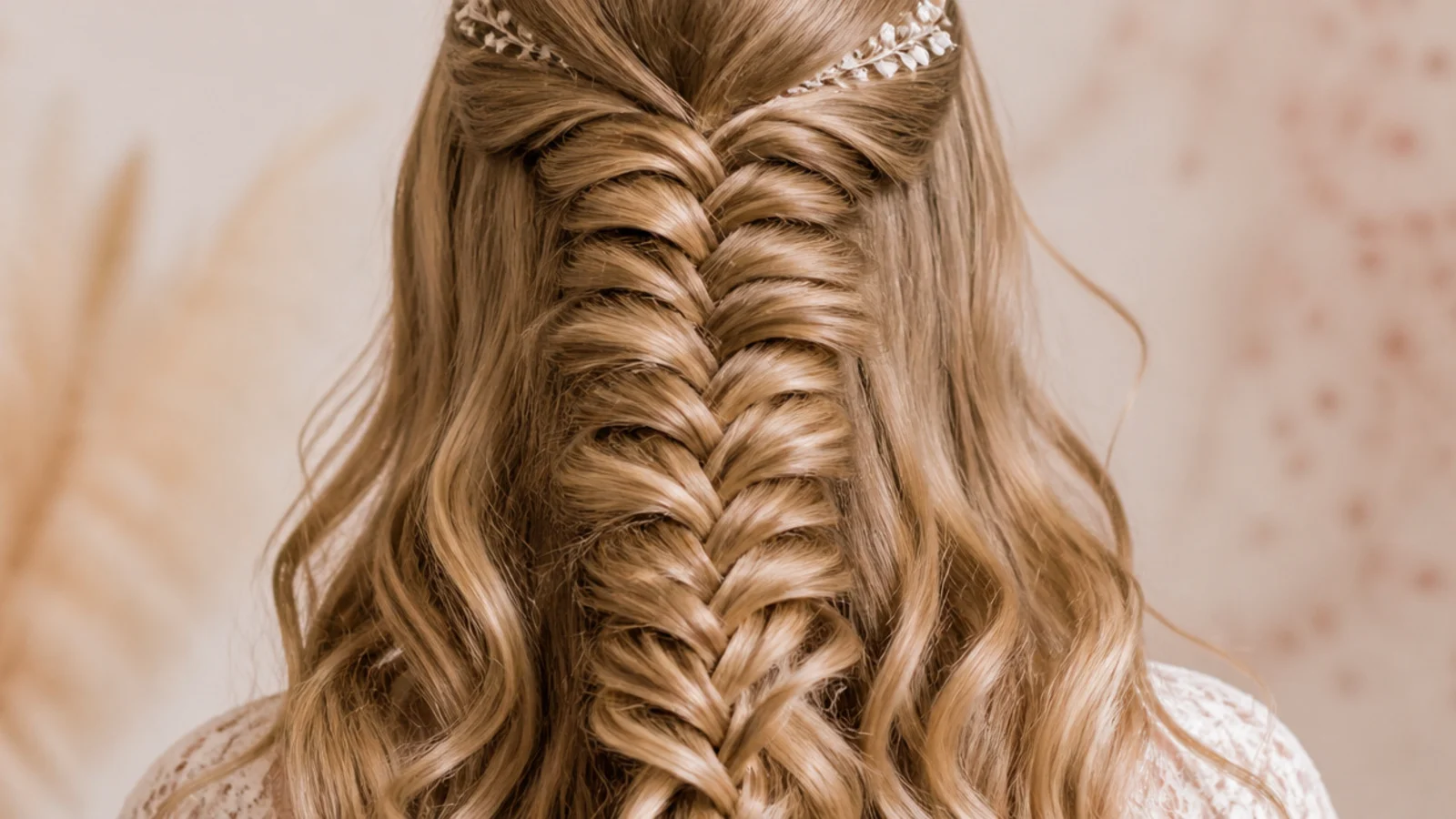 Half up mermaid braid over loose one inch barrel curls falling below the shoulders