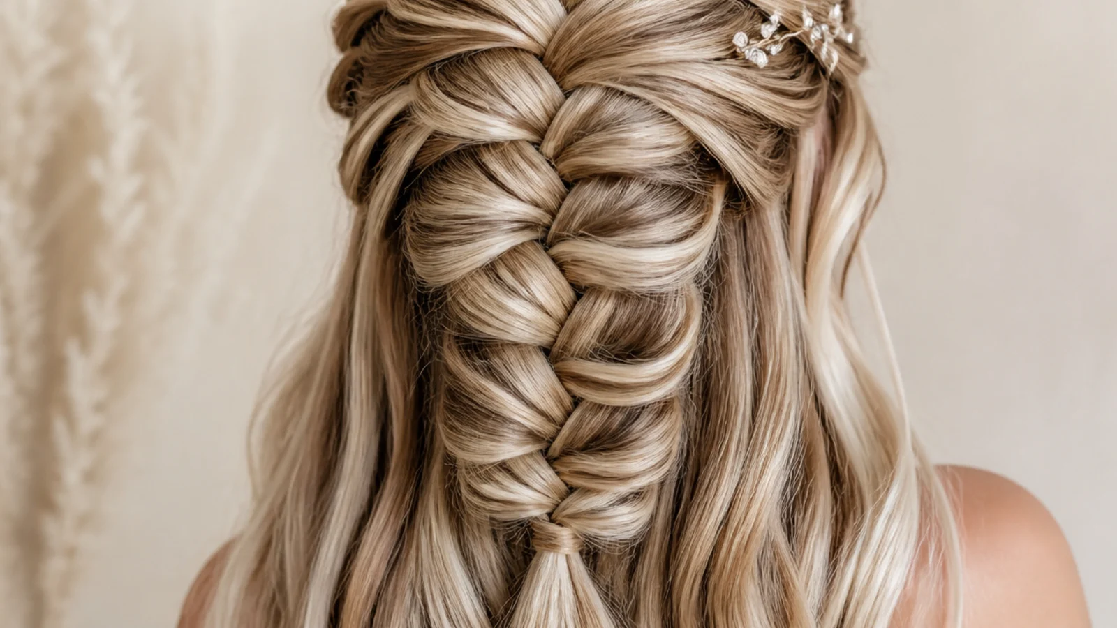 Fine hair half up mermaid braid pancaked extra wide with visible fanned crossovers