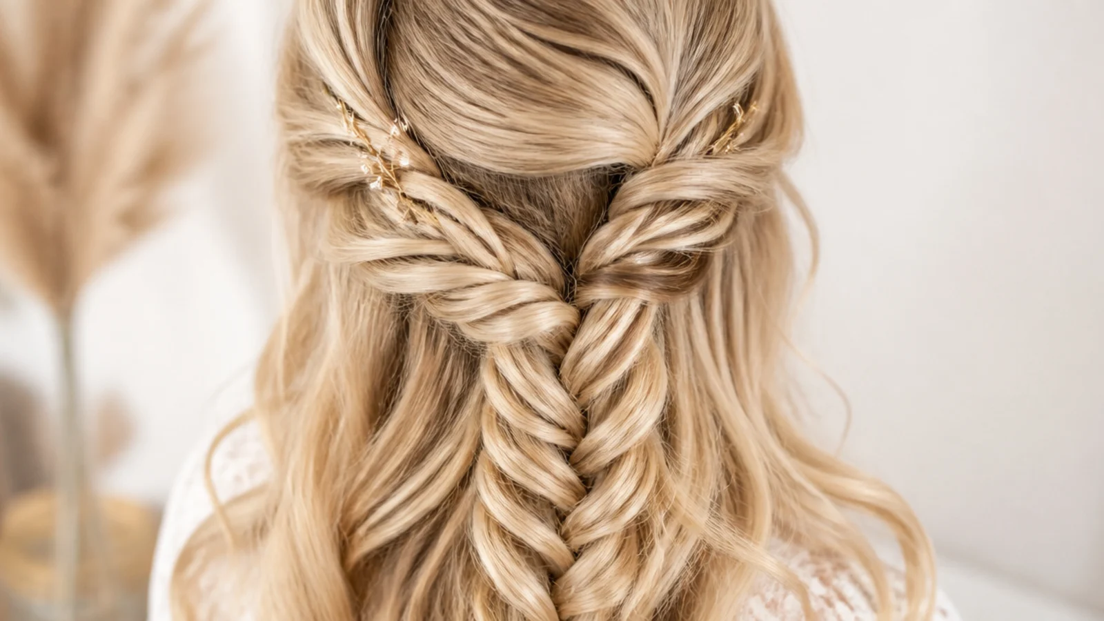 Half up mermaid braid started from a deep side part with hair swept across the forehead
